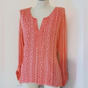 RXB Soft Lace Embroidered V-Neck Roll Tab Blouse Sz XL